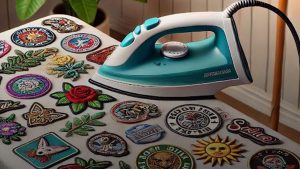 An iron on a table with embroidered clothing patches