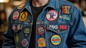 displaying different patches on a denim jacket.