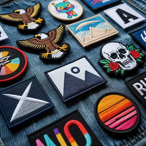 Custom patches in various styles spread across a dark denim