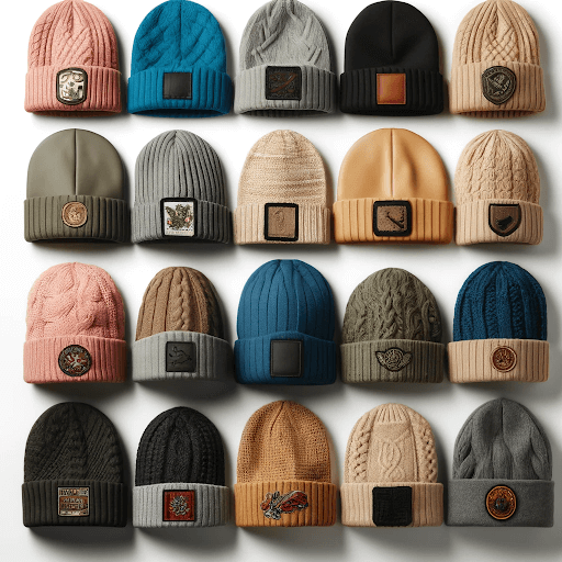 Different beanie hats in various colors with custom patches