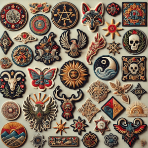 A variety of embroidered patches with intricate designs.