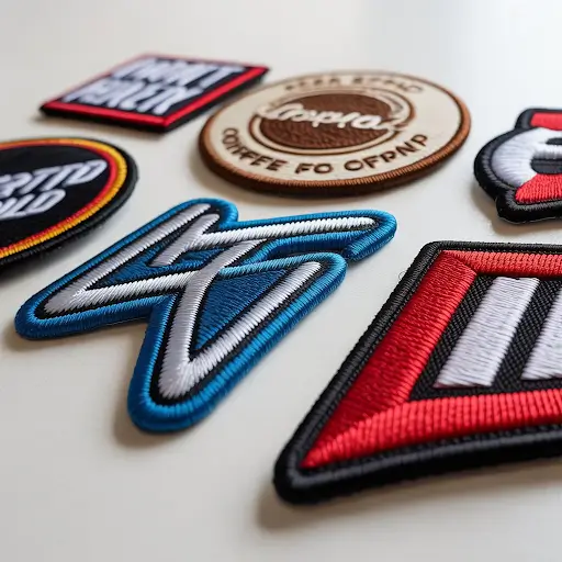 Custom patches showcasing various brand promotional designs