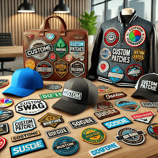 Corporate swag items with colorful custom patches in an office setting