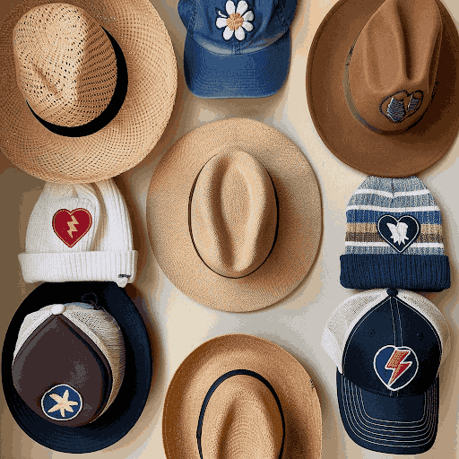 An image of a wall featuring a variety of hats with custom patches.