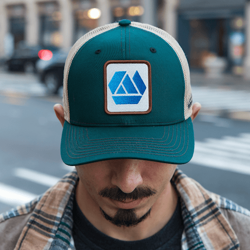 A man wearing a cap with a custom patch