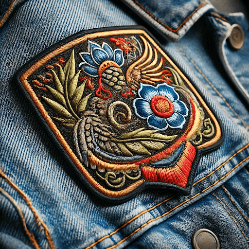 Close-up of a custom embroidered patch attached to clothing