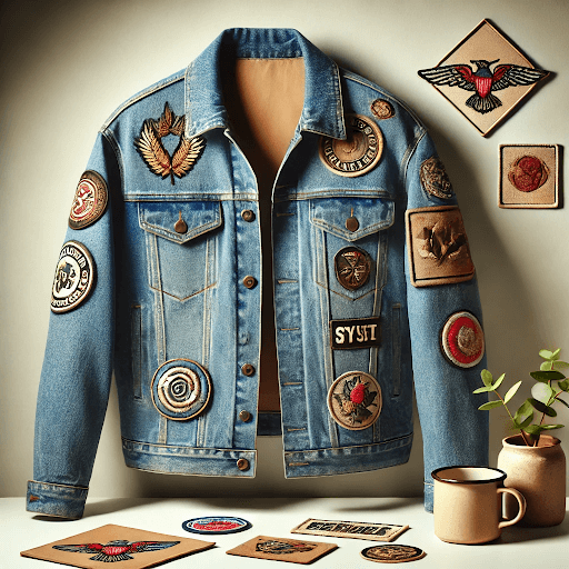 A denim jacket decorated with custom patches