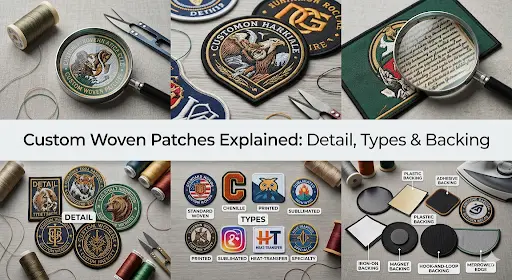 Visual representation of intricate designs, diverse patch types, and multiple backing methods with labeled examples.