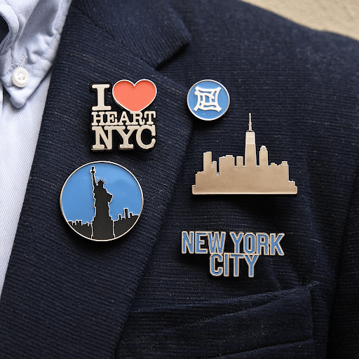 Various custom lapel pins are pinned to a dark blue jacket Various custom lapel pins are pinned to a dark blue jacket