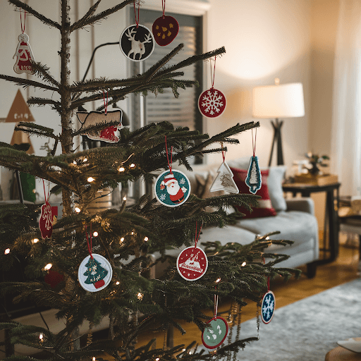 christmas tree with custom patches A photo of a Christmas tree with custom patches as ornaments
