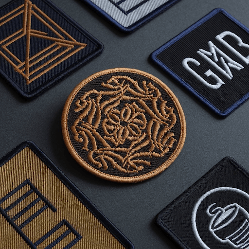 A custom woven patch with a complex floral pattern