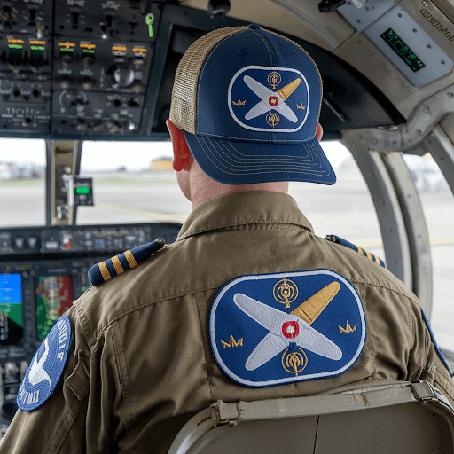 Enlarged custom aviation patches on flight captain costume