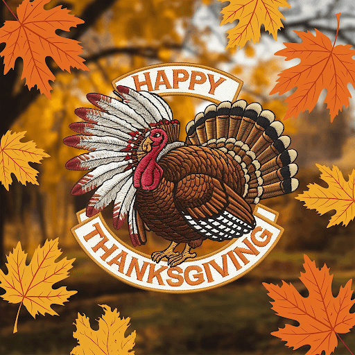 An image of a custom Thanksgiving patch with a turkey