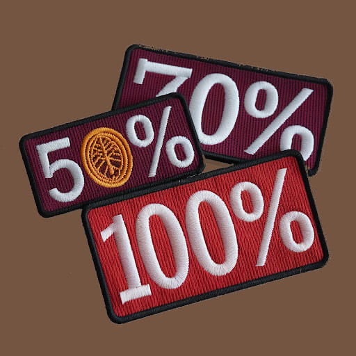 Three embroidery patches with coverage percentages