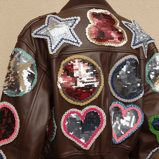 A close-up shot of a jacket with sequin patches