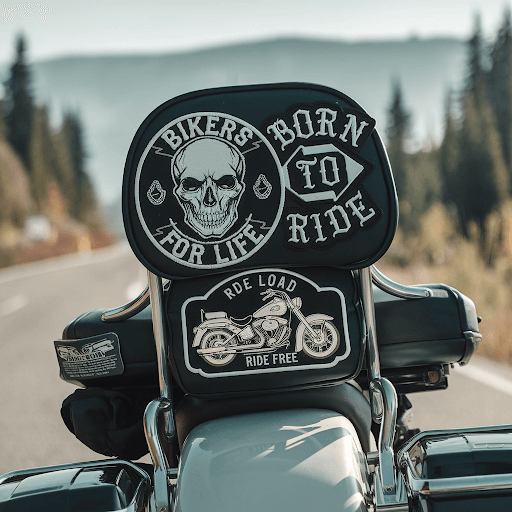 motercycle patches on bikes backrest A motorcycle with patches on the backrest.