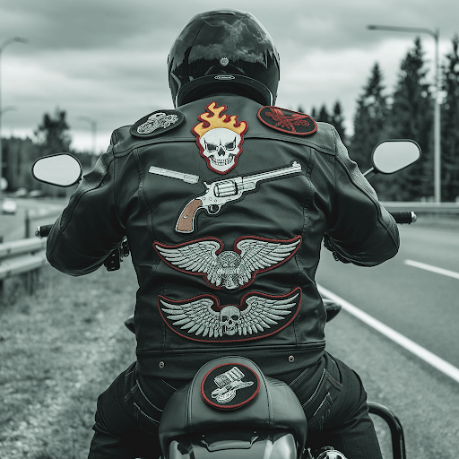 motercycle patches on the back of riders leather jacket