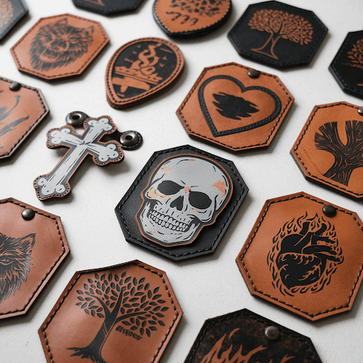 Multiple custom leather patches arranged on a plain background