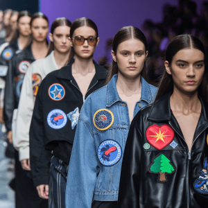 Female models are wearing different attires with multiple custom patches attached. Female models are wearing different attires with multiple custom patches attached.