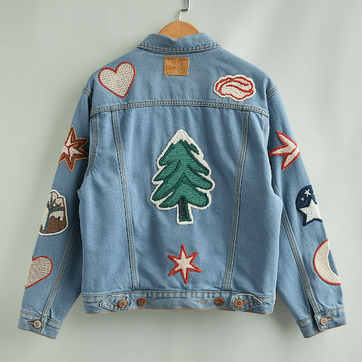 A denim jacket with various embroidered patches