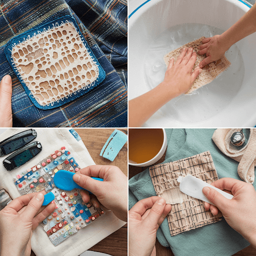 A collage of patch removal from a fabric
