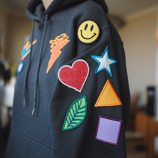 A hoodie with multiple custom patches A hoodie with multiple custom patches