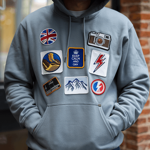 A hoodie with multiple custom patches on the front