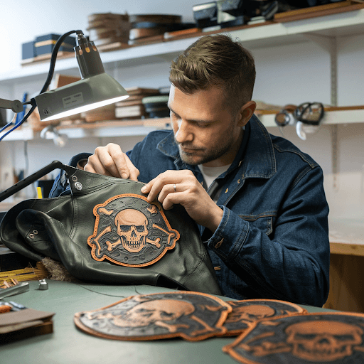 A man carefully sewing a custom leather patch onto a jacket