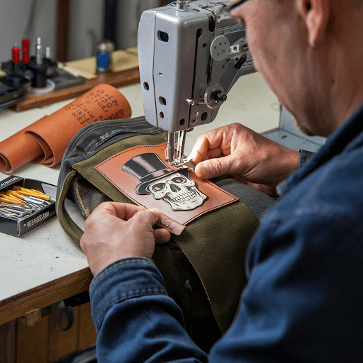 A man sewing a leather patch A man sewing a leather patch