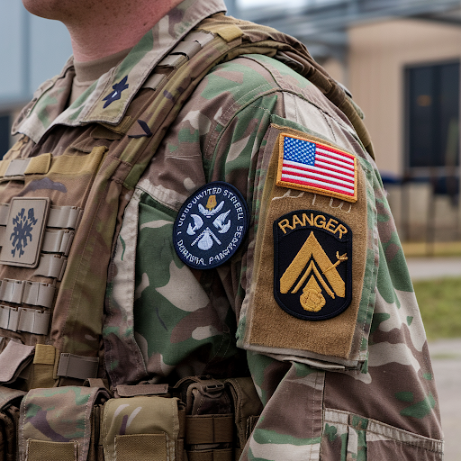 A military personnel wearing a camouflage uniform with multiple patches A military personnel wearing a camouflage uniform with multiple patches