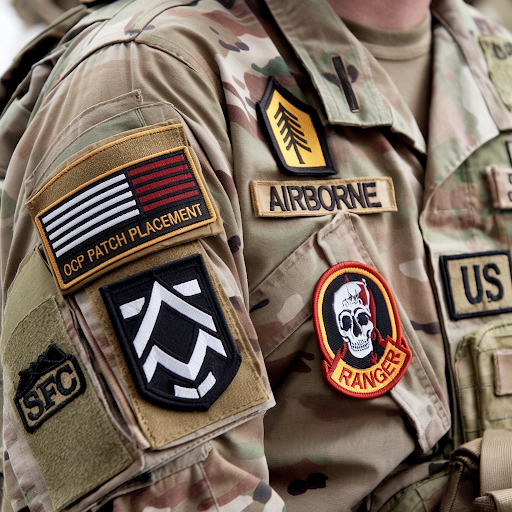A military uniform with multiple patches