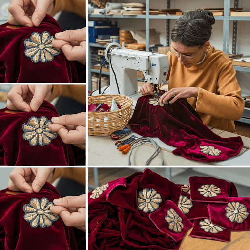 A step by step image of a person making embroidered patches on a velvet fabric