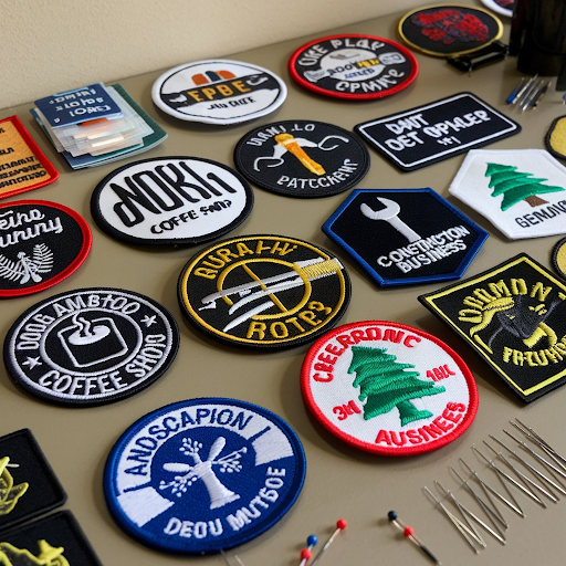 A table with various custom patches for businesses
