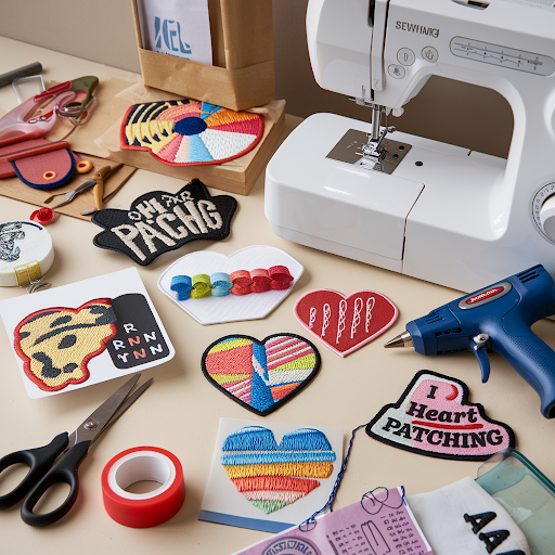 A table with various materials for designing custom patches