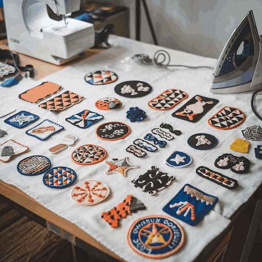 A table with various sew-on and iron-on patches.