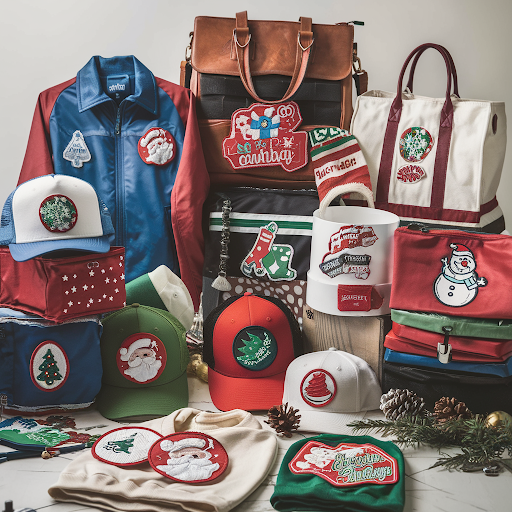 A variety of promotional products with holiday themed custom patches