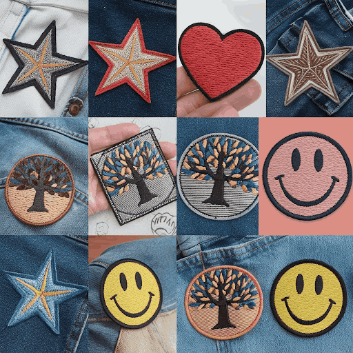 A table with various sew on and iron on patches A variety of sew on and iron on patches