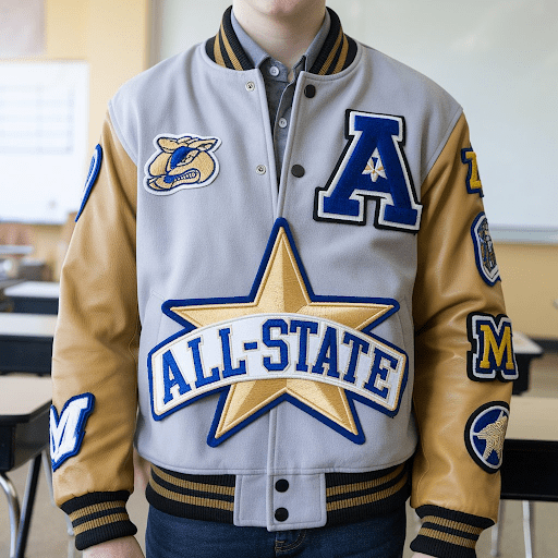 A varsity letterman jacket with patches placed on the front and sleeves feature min