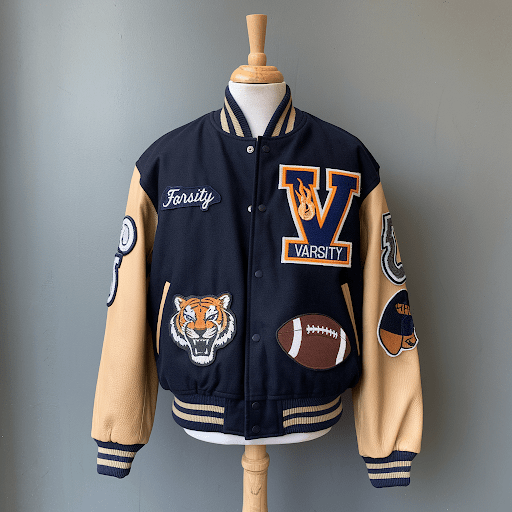 A varsity letterman jacket with patches placed on the left chest area min