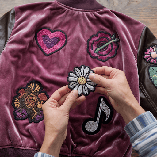 A velvet jacket with embroidered patches