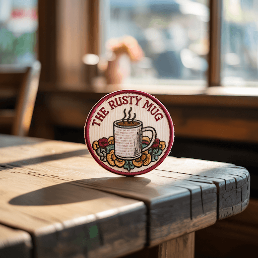 An embroidered patch resting on a weathered wooden table