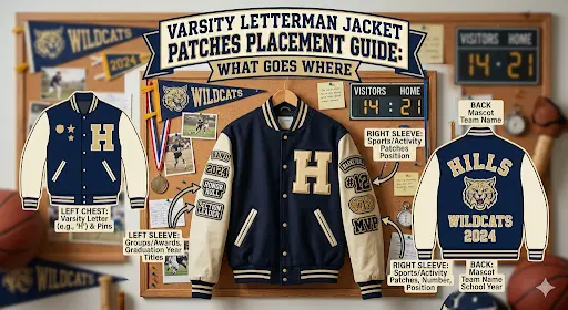 An organized placement guide for a navy and cream varsity letterman jacket displaying the correct locations for patches