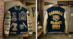 Front and back of a navy and cream varsity jacket featuring numerous custom embroidered patches and text