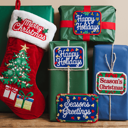 Multiple embroidered patches attached with gifts