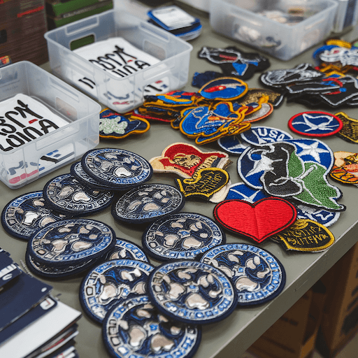 a table covered with various types of patches a table covered with various types of patches