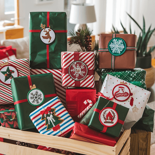 holiday gifts wrapped in Christmas paper with custom embroidered Patches holiday gifts wrapped in Christmas paper with custom embroidered Patches