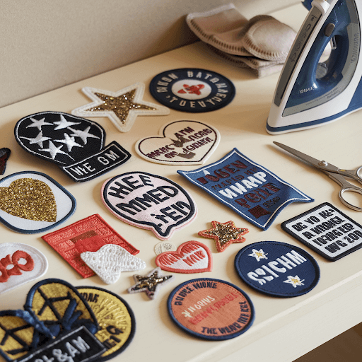 table with a variety of iron on patches