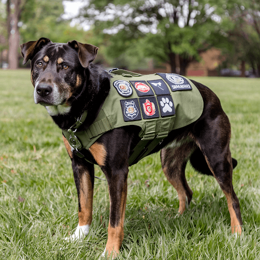 A black and brown dog wearing a green vest with multiple custom K9 patches A black and brown dog wearing a green vest with multiple custom K9 patches