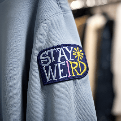 A close up shot of a custom patch in modern fashion trend with the text Stay Weird