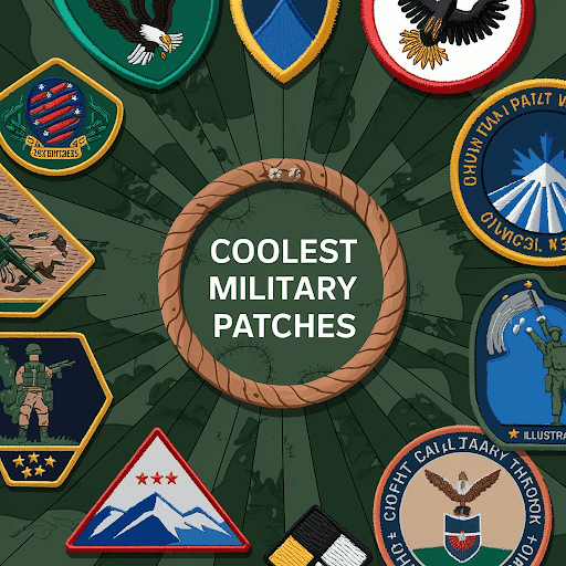 A collection of military patches, all with a military theme